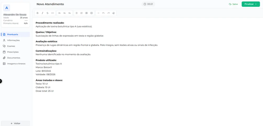 Interface do prontuário eletrônico do Agenda Doutor